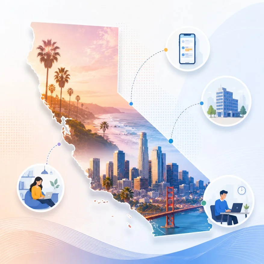 California state outline with icons for mobile, office, remote team and call center connected to a central phone pin